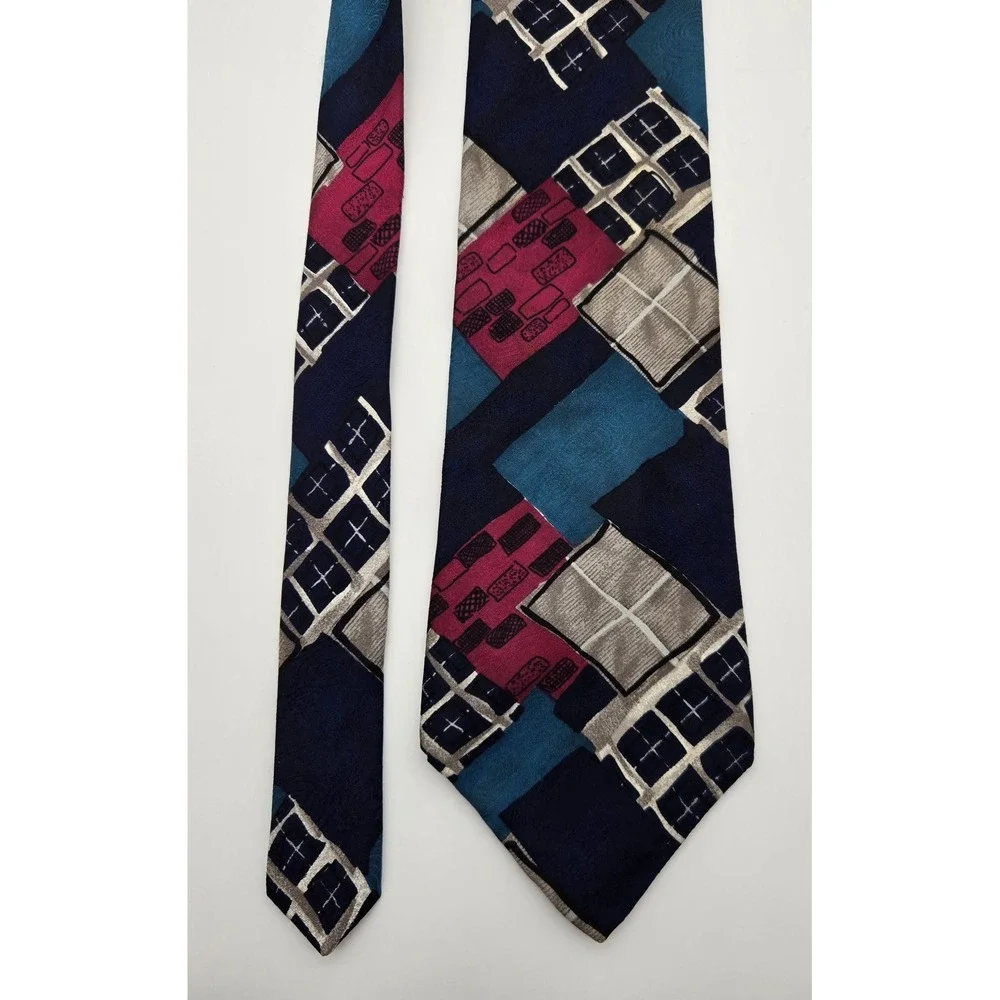 Bugatti Silk Neck Tie‎ Mens Vintage Abstract Geometric Blue Red Dress Tie